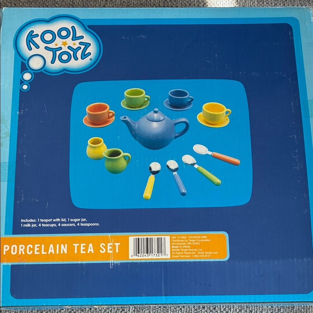 Porcelain Kids Tea Set - Blue, Yellow, Green, Orange missing one tea cup